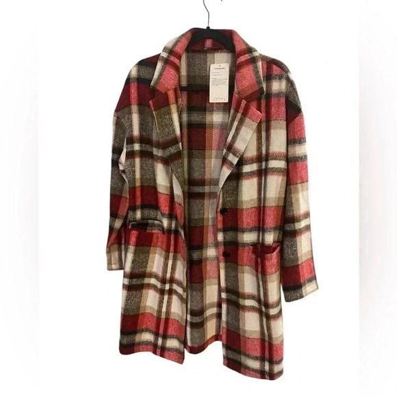 NWT Pretty Garden plaid long overcoat medium red black - Picture 1 of 9